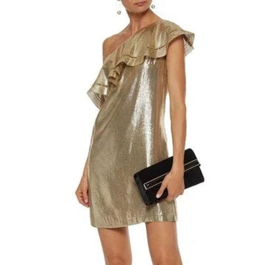 Rachel Zoe One Shoulder Ruffled Gold Dress - Gold - 8