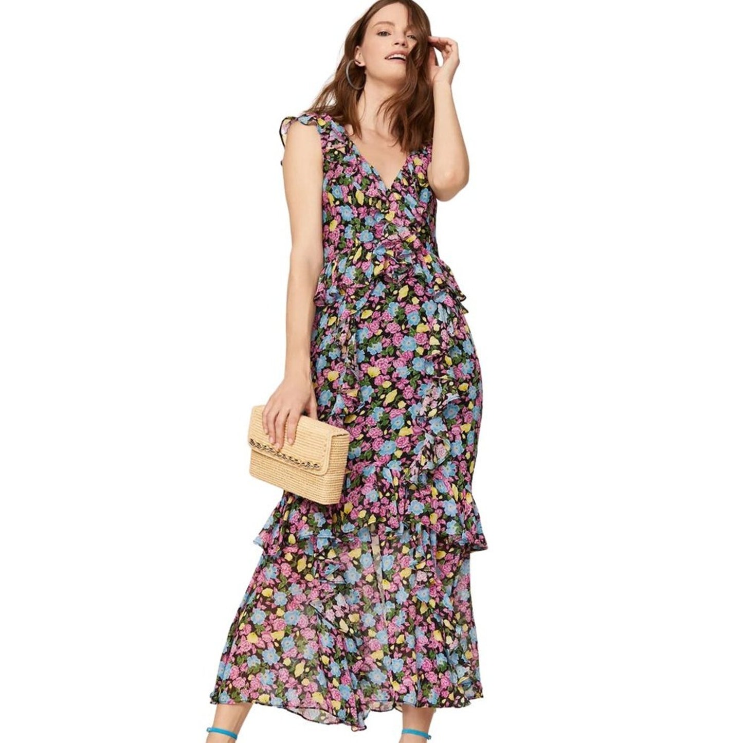 AMUR Floral Evita Maxi Dress in Black Anemone Floral Size 2