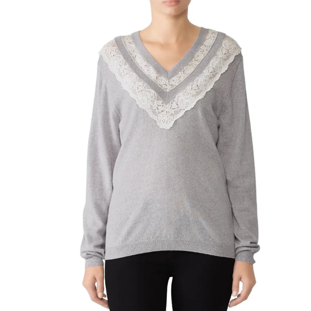 Rebecca Taylor Lace Combo Pullover in Gray and Ivory Size Large