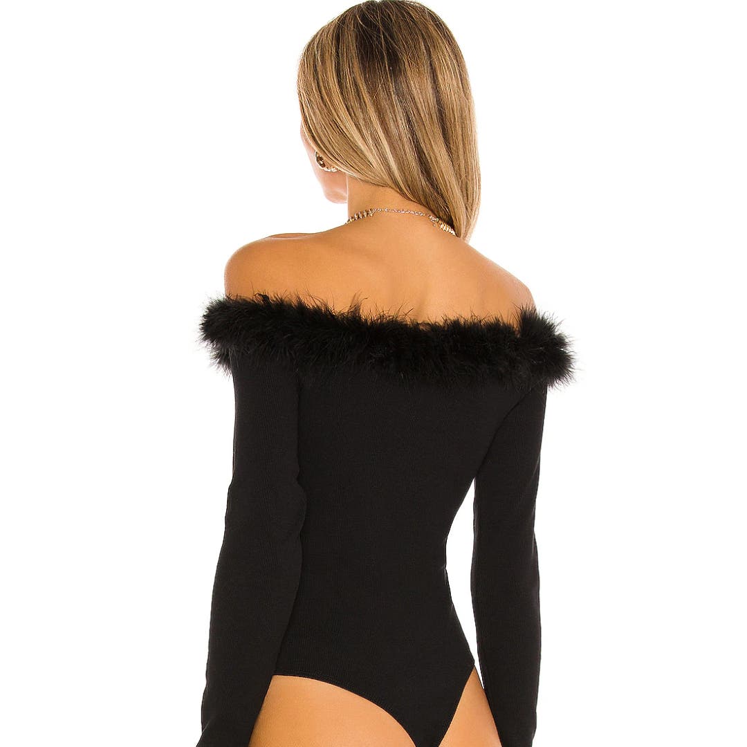 OW Collection Miranda Feather Bodysuit in Black NWT Size Small