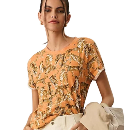 Anthropologie Maeve Big Cat Print Boxy Tee Orange NWT Size Small