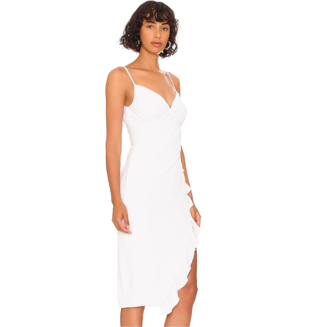 Revolve x More to Come Natasha Ruffle Midi Dress in White NWT Size XS