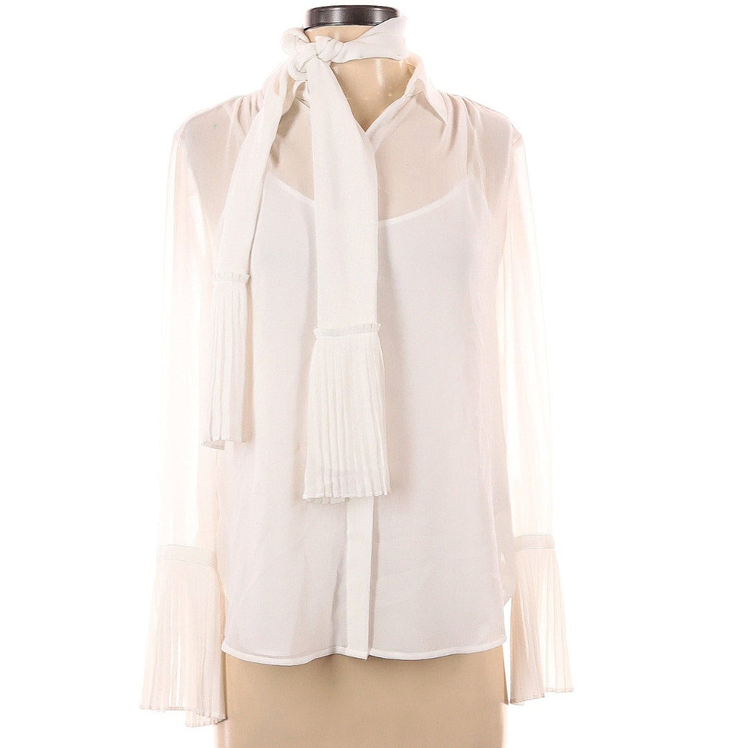 WHBM Pleat-Cuff Soft Shirt Tie Neck in White Size 10