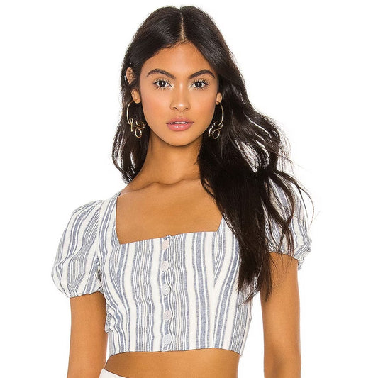 Privacy Please Paola Linen Crop Top in Blue Chambray Stripe NWT Small