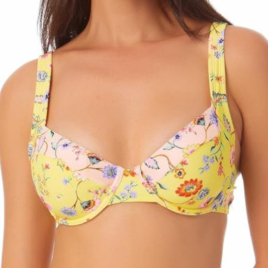 California Waves Printed Underwire Bikini Top Yellow NWT Size Large