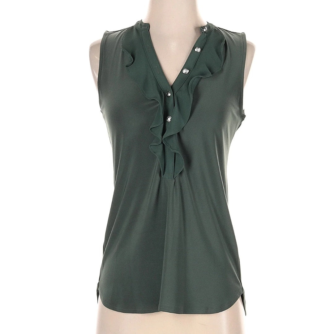 WHBM Ruffle Front Sleeveless Blouse in Olive Green Size XXS