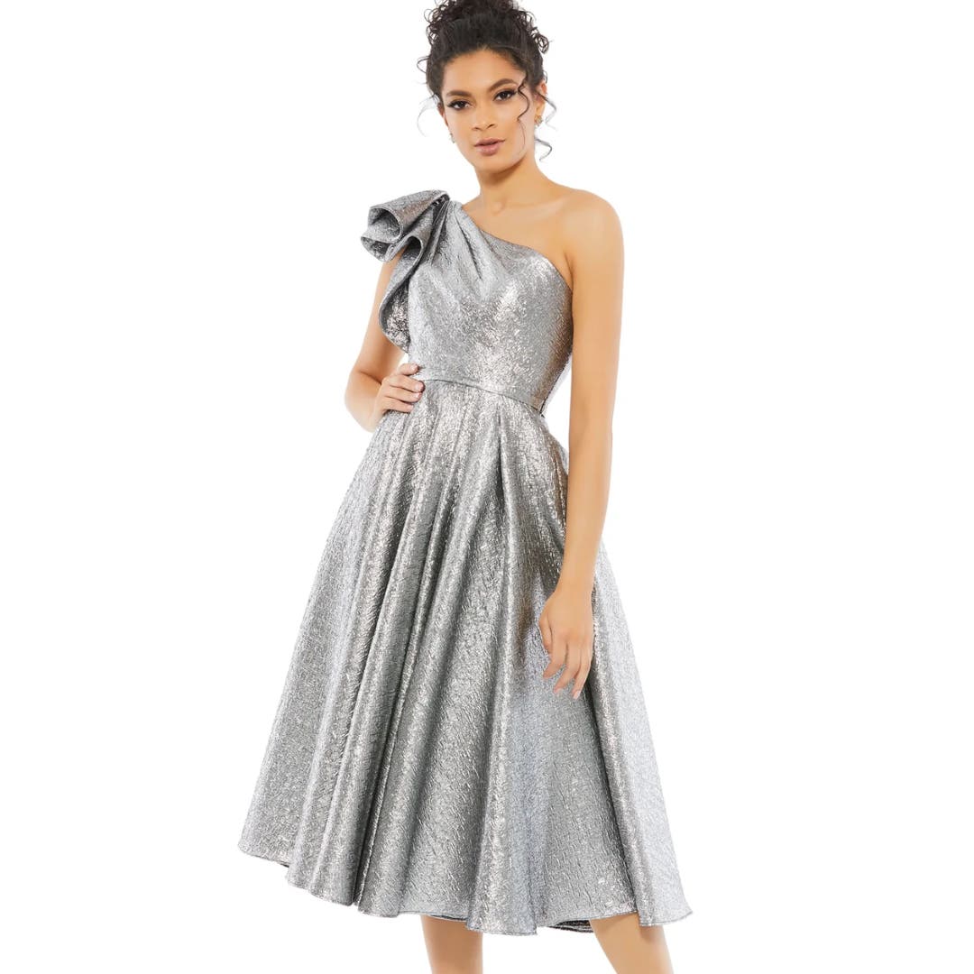 Mac Duggal One-Shoulder Metallic Brocade Midi Cocktail Dress NWOT Size 16