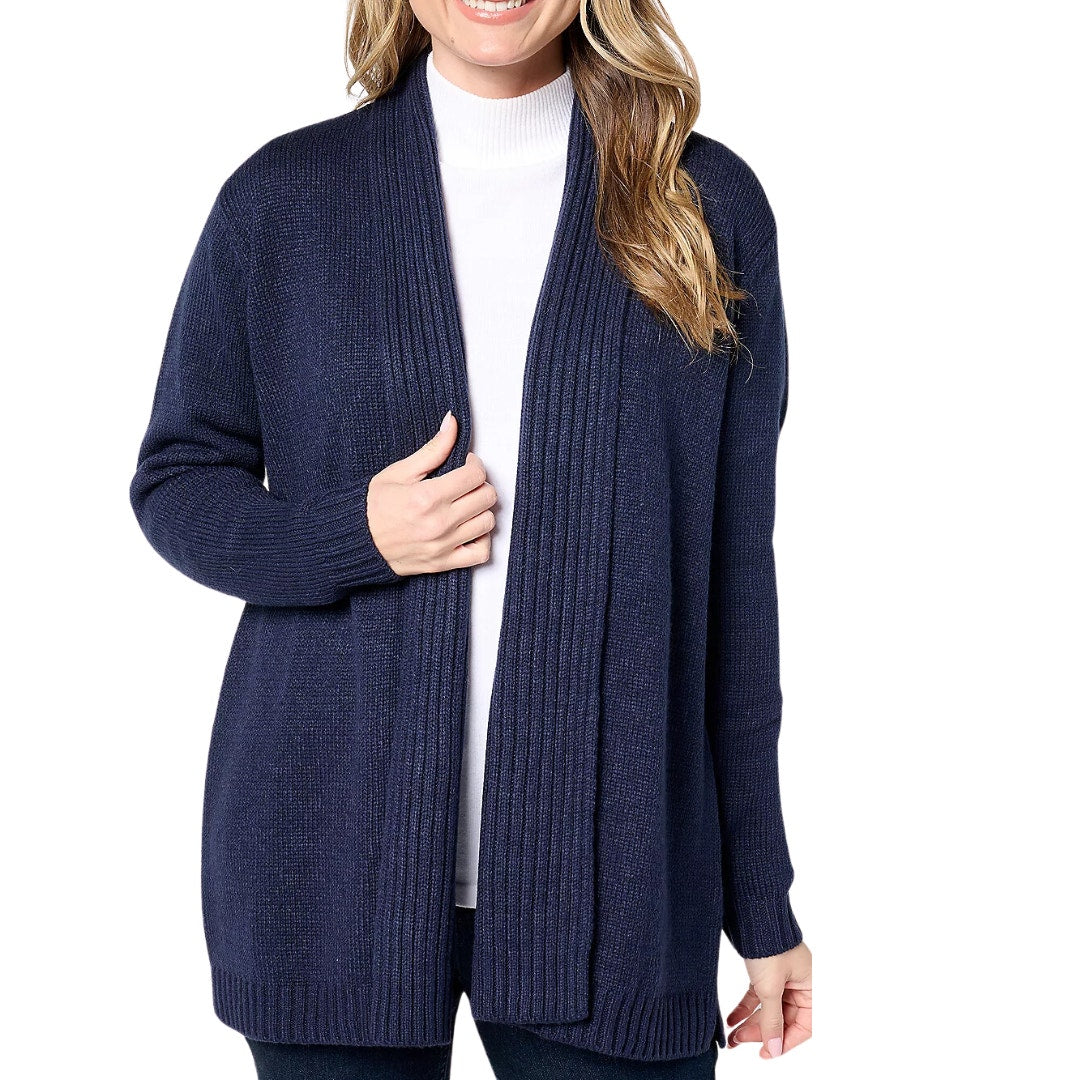 Denim & Co. Open Front Long Sleeve Placed Motif Cardigan Navy NEW Size M