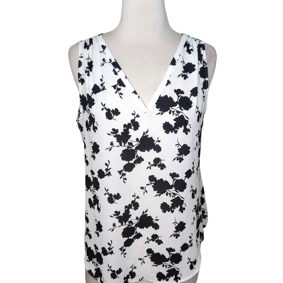 WHBM Black and White Floral V Neck Blouse Size XXS