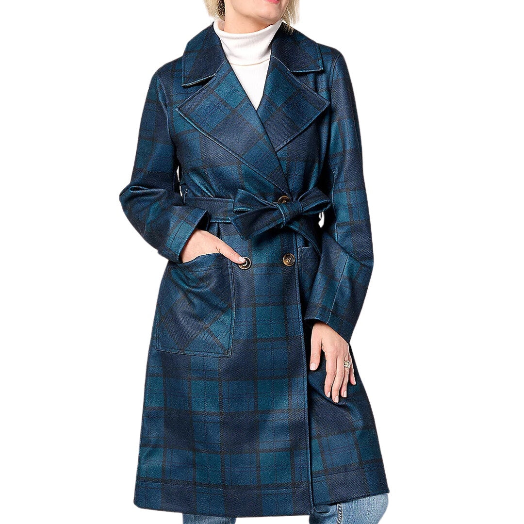 Thread Collective Patterned Trench Coat in Navy Plaid NWT Size Small