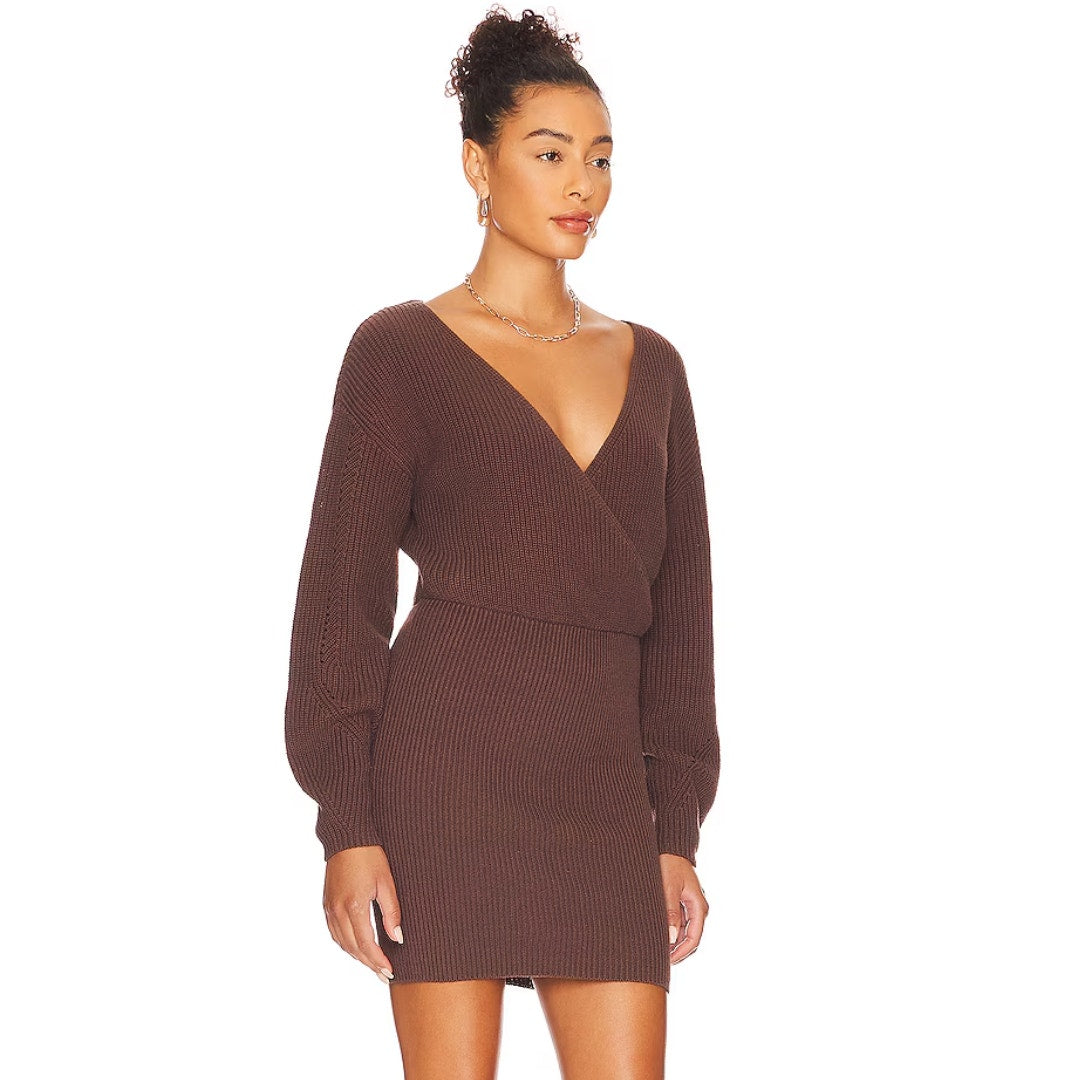 Tularosa Mia Surplice Sweater Mini Dress in Chocolate Brown NWOT Size Small