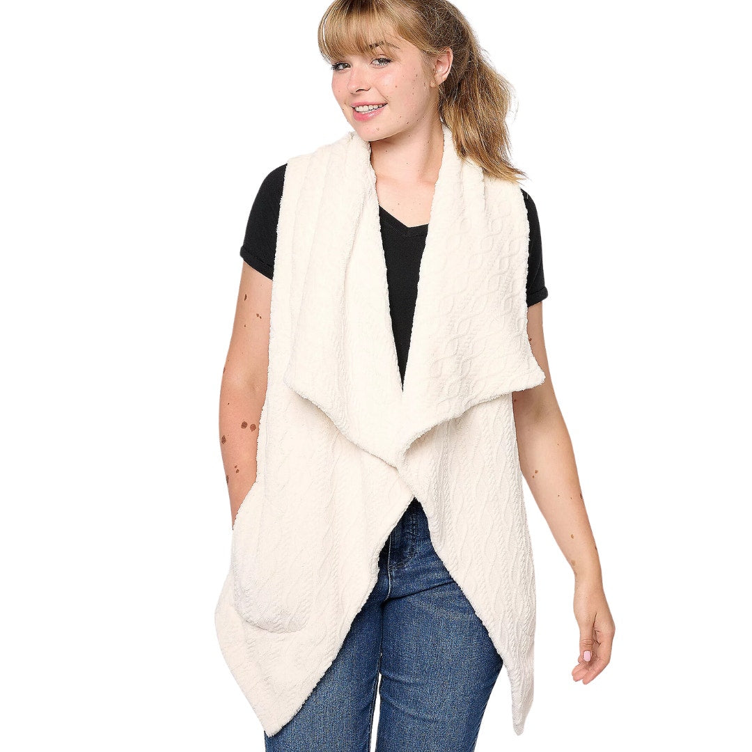 AnyBody Drape Front  Cable Plush Fleece Vest in Natural NEW Small