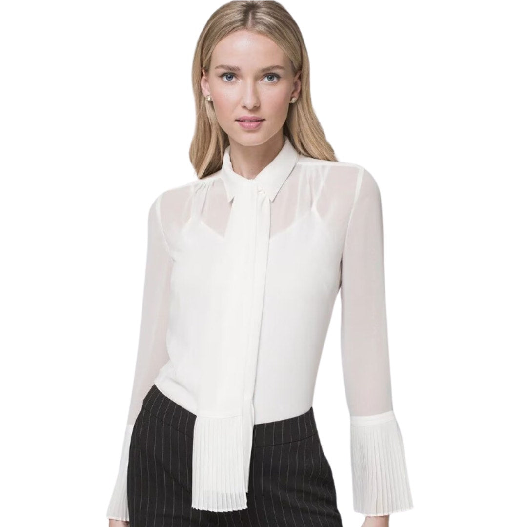 WHBM Pleat-Cuff Soft Shirt Tie Neck in White Size 10