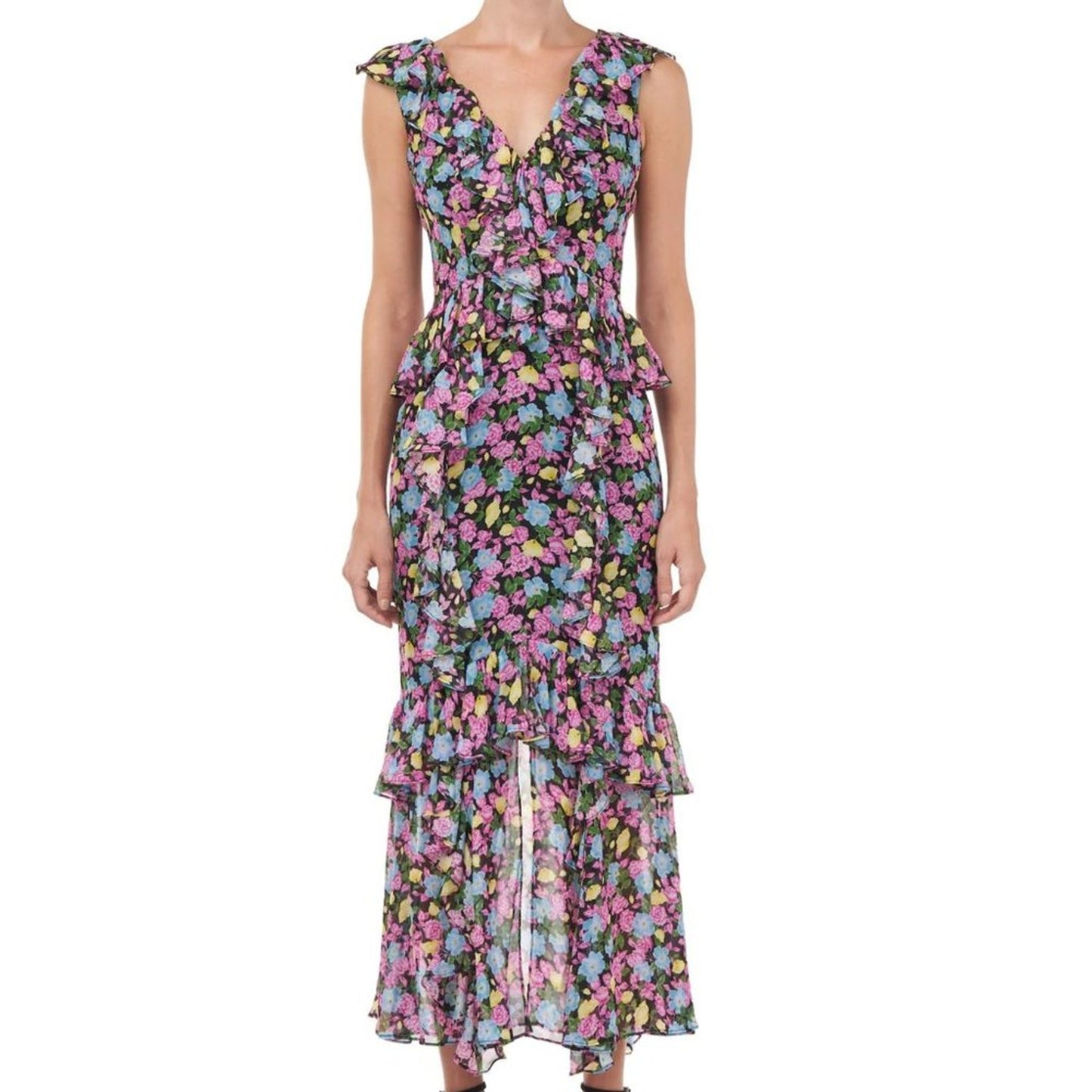 AMUR Floral Evita Maxi Dress in Black Anemone Floral Size 2