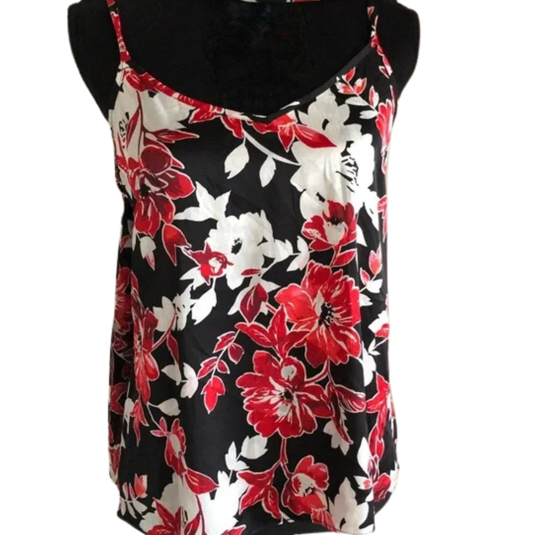 WHBM Floral 2 Layer Flowy Blouse in Black/Red/Coral/White NWT Size 14