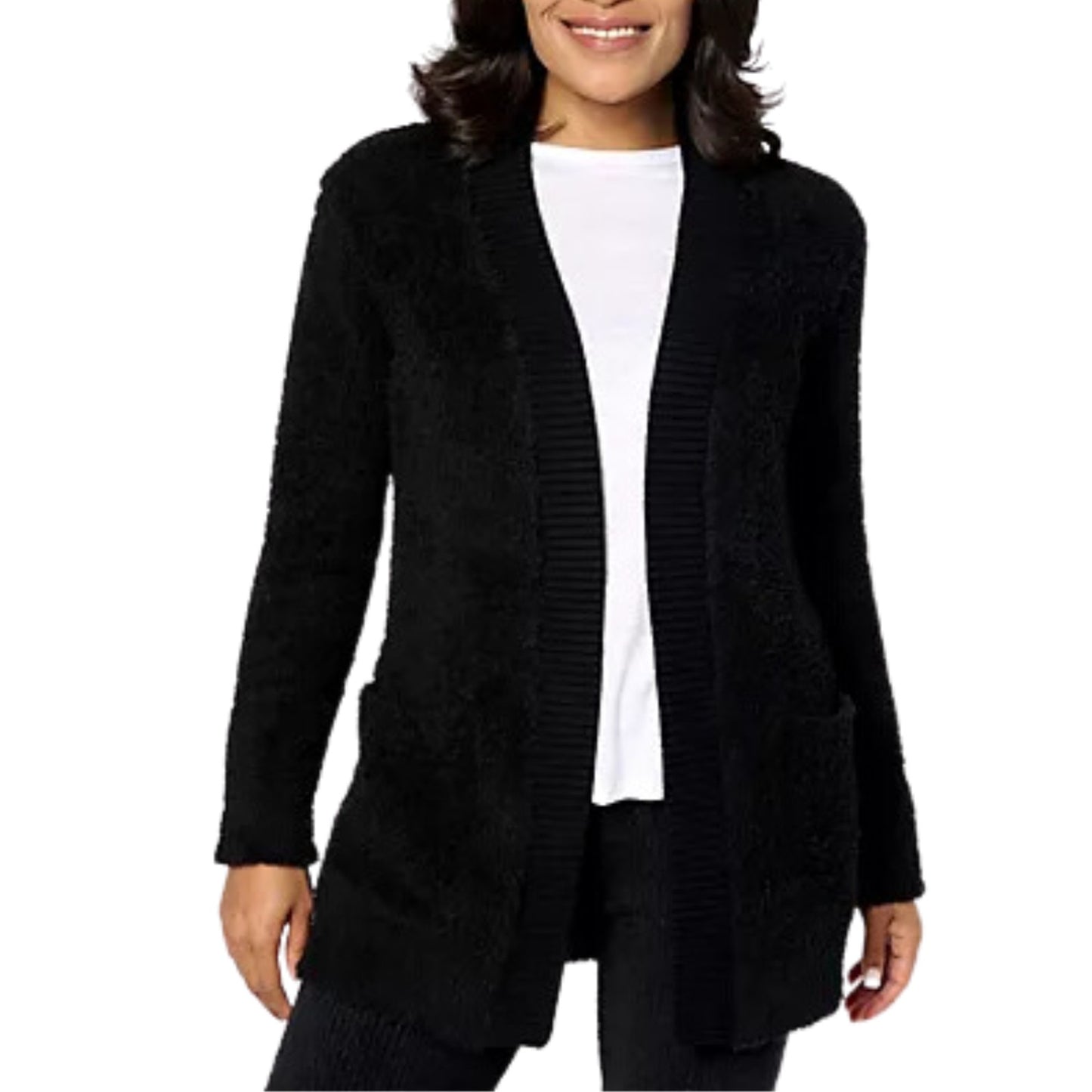 Barefoot Dreams CozyChic Ribbed Knit Trim Cardigan in Black NEW Small