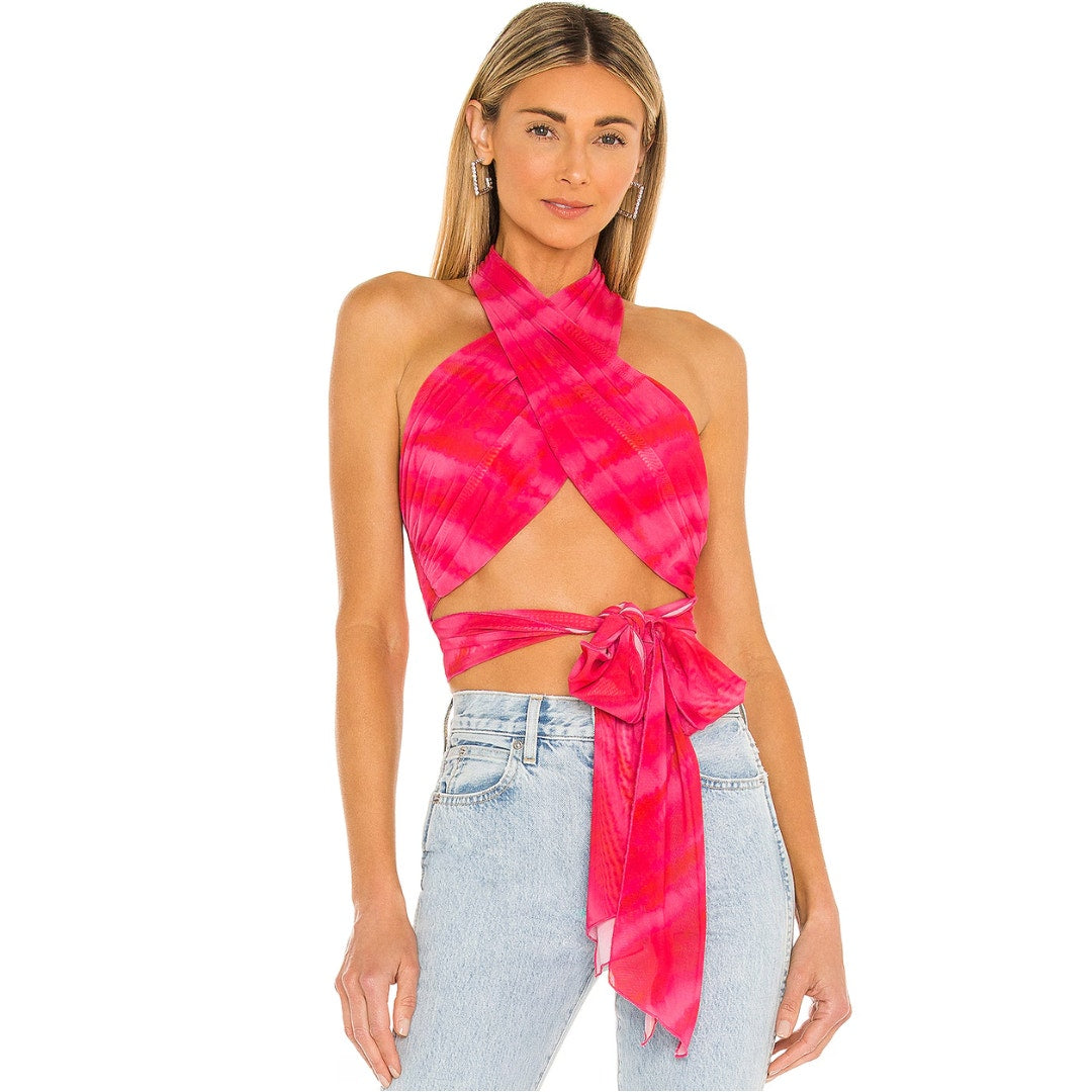 h:ours Rios Wrap Halter Top in Strawberry Tie Dye NWT Size Small