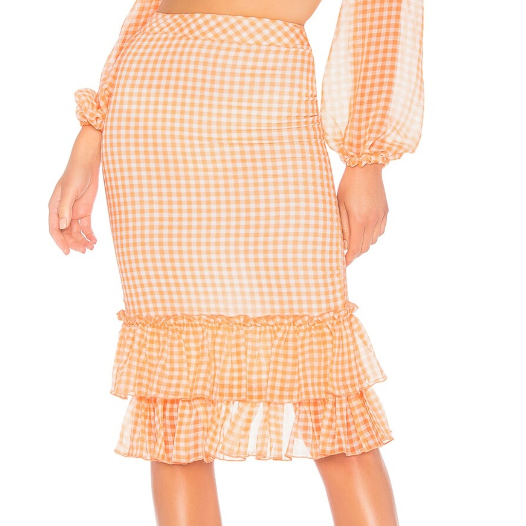 LPA High Waist Ruffle Skirt NWT in Orange Gingham Size Small