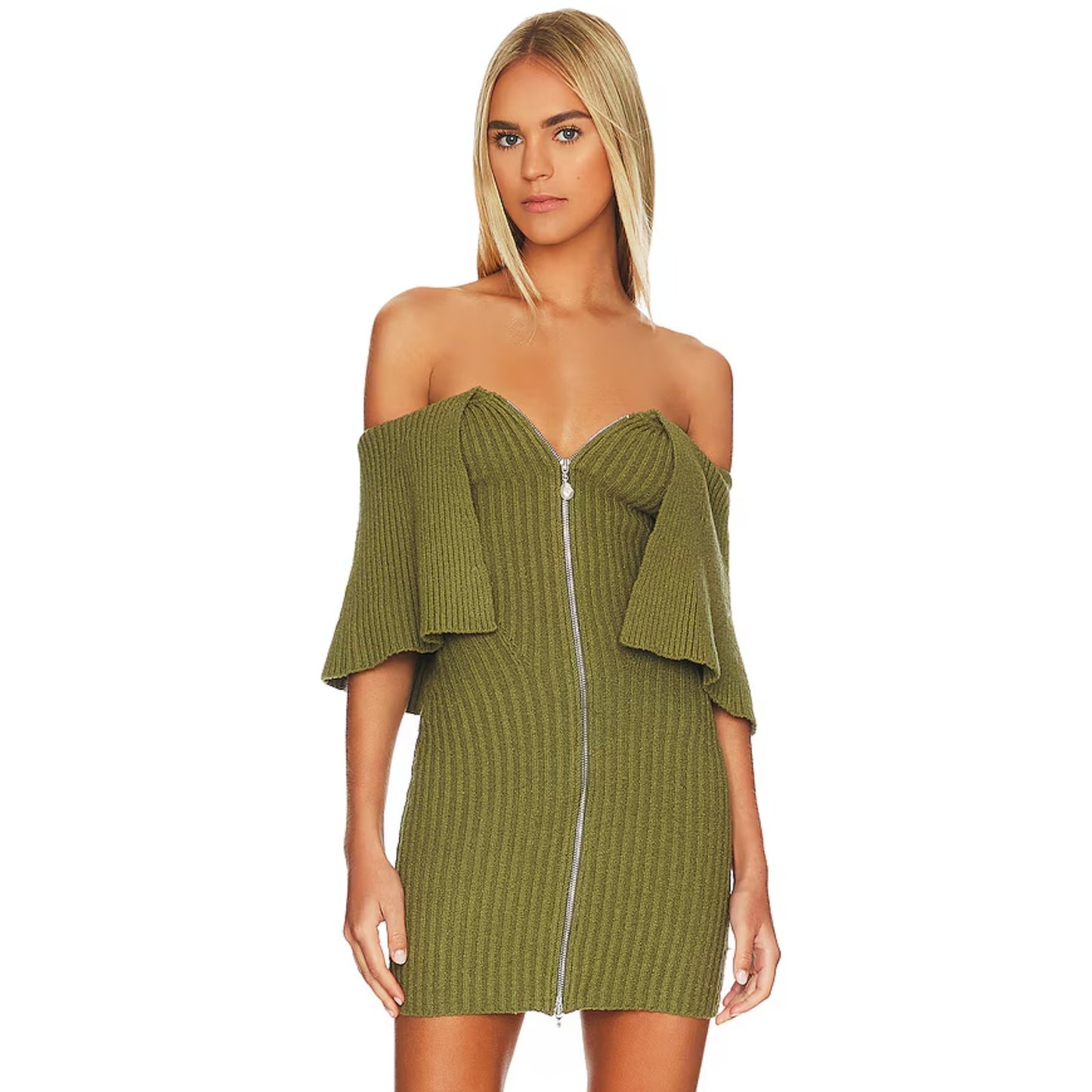 House of Harlow 1960 Miki Off Shoulder Mini Dress in Olive Green XS