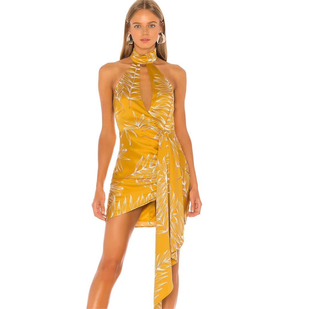 Camila Coelho Antonia Mini Dress in Gold Tropical NWT Size Large