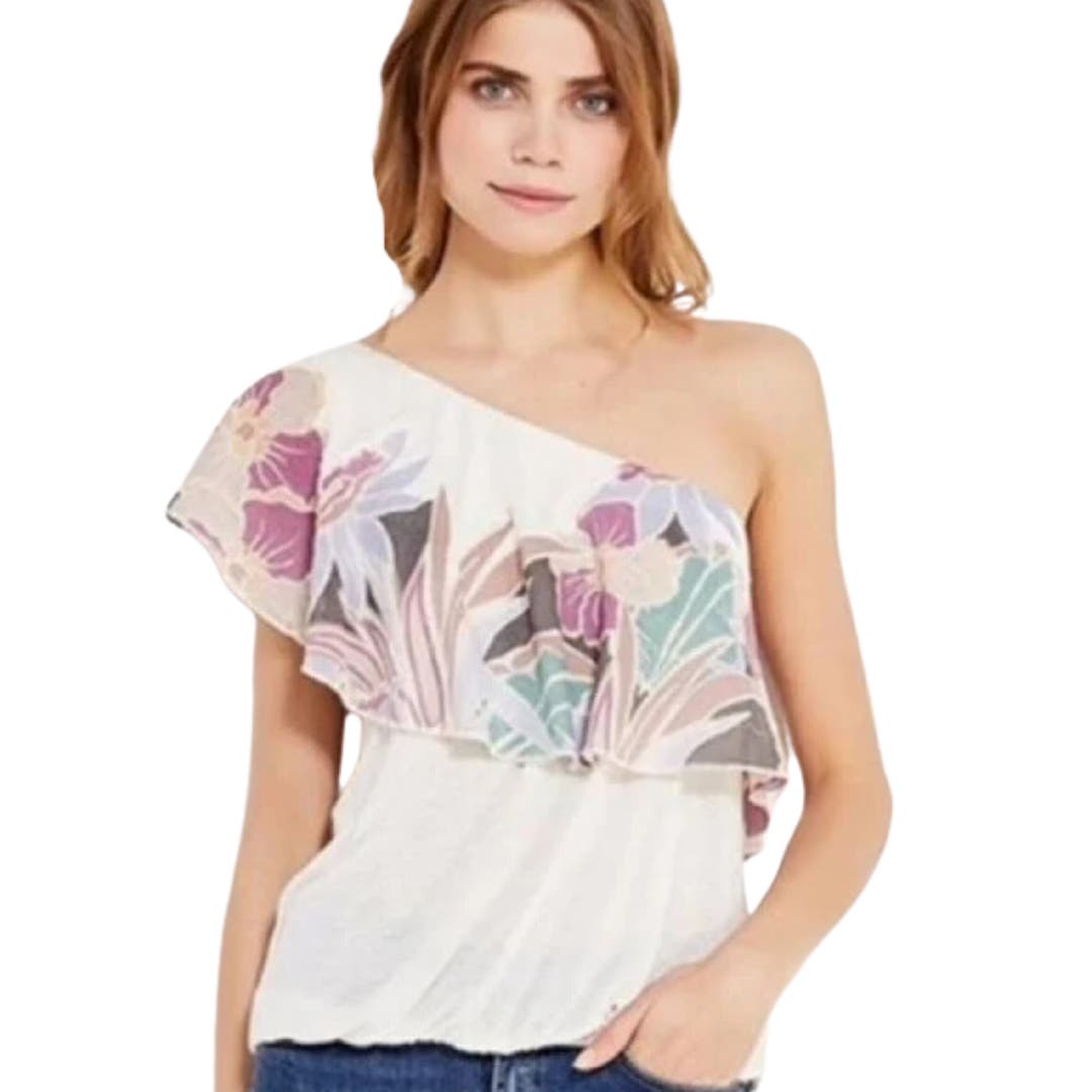 Free People Annka Ruffle Tropical One Shoulder Top NWT Size Small