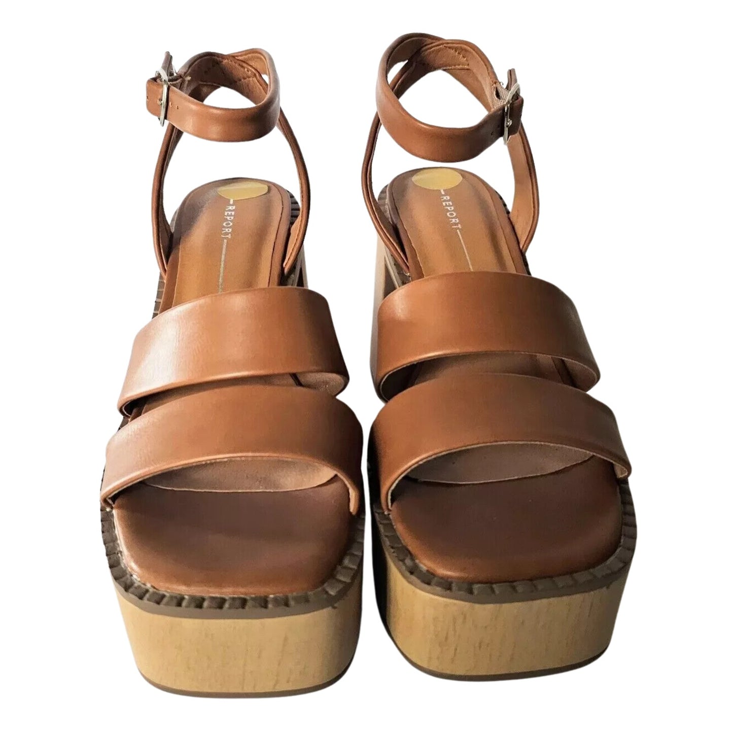 Report Ankle Strap Platform Heeled Sandals in Caramel NEW Size 7.5