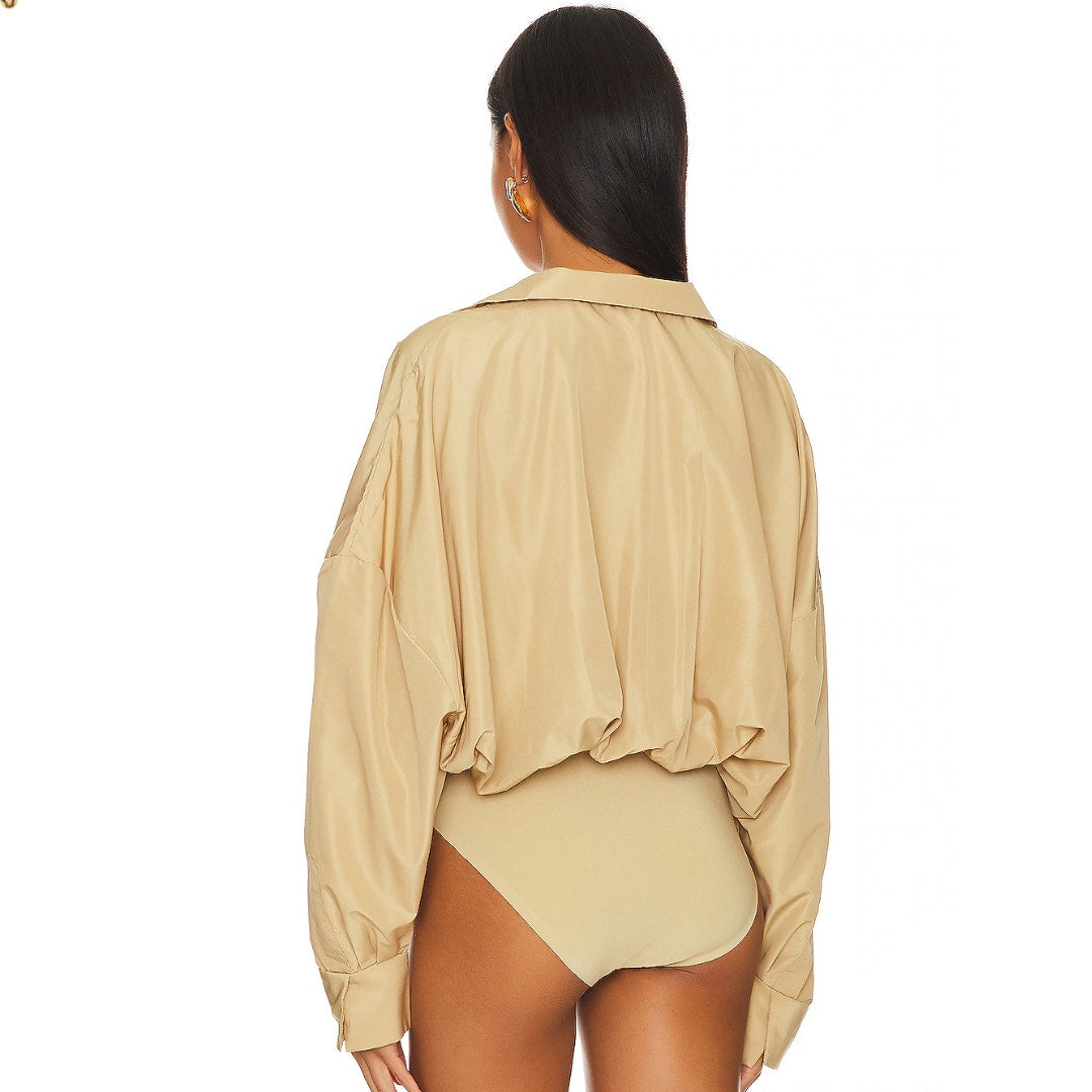 Norma Kamali Oversized Boyfriend Shirt Bodysuit in Sand