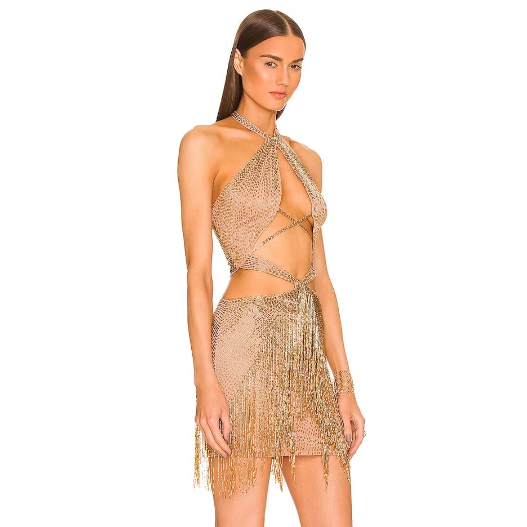 DUNDAS x REVOLVE Cher Embellished Mini Dress in Gold NWT Size XS