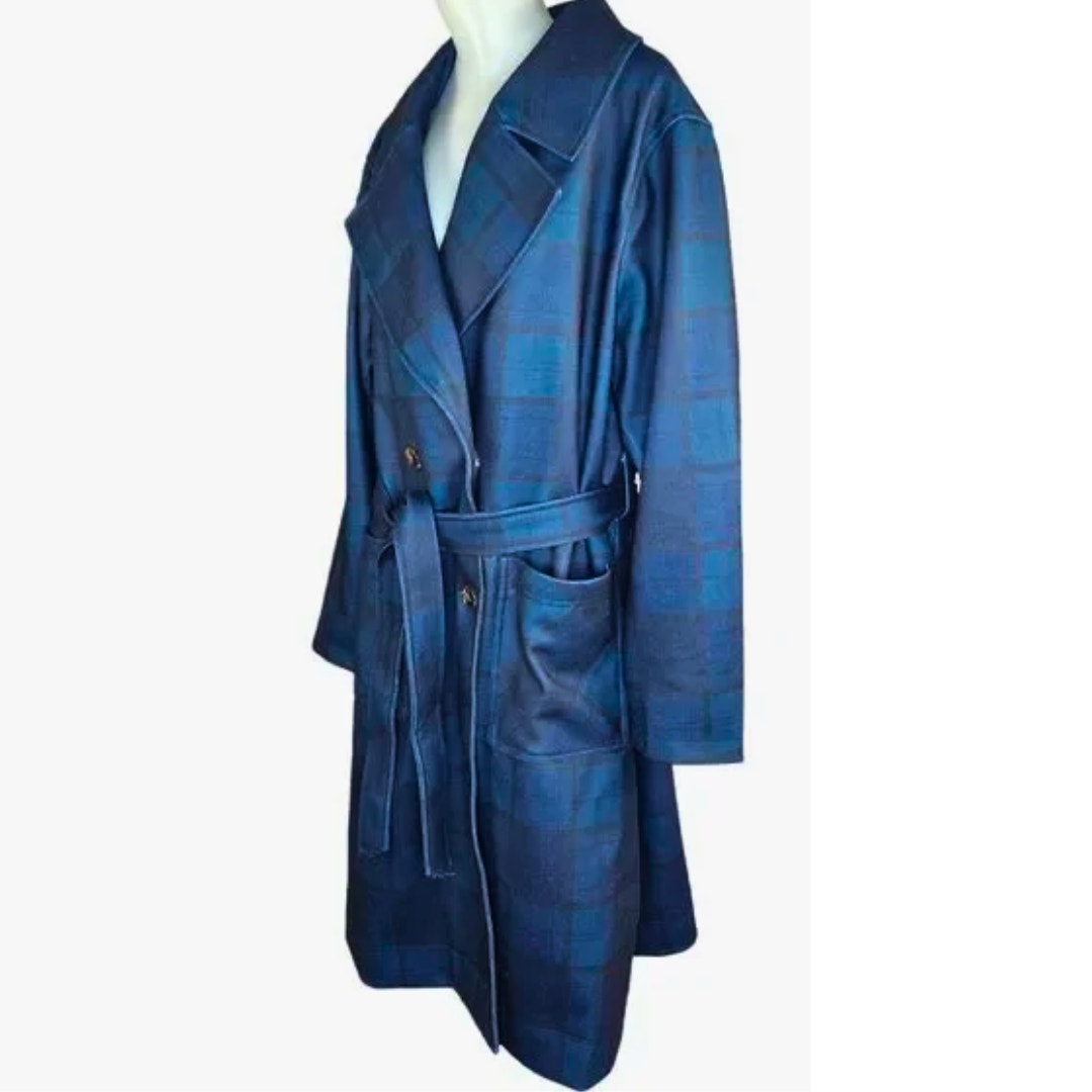 Thread Collective Patterned Trench Coat in Navy Plaid NWT Size Small