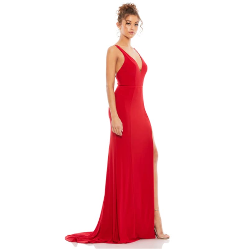 Mac Duggal Plunge Neck High Slit Gown in Red NWT Size 2