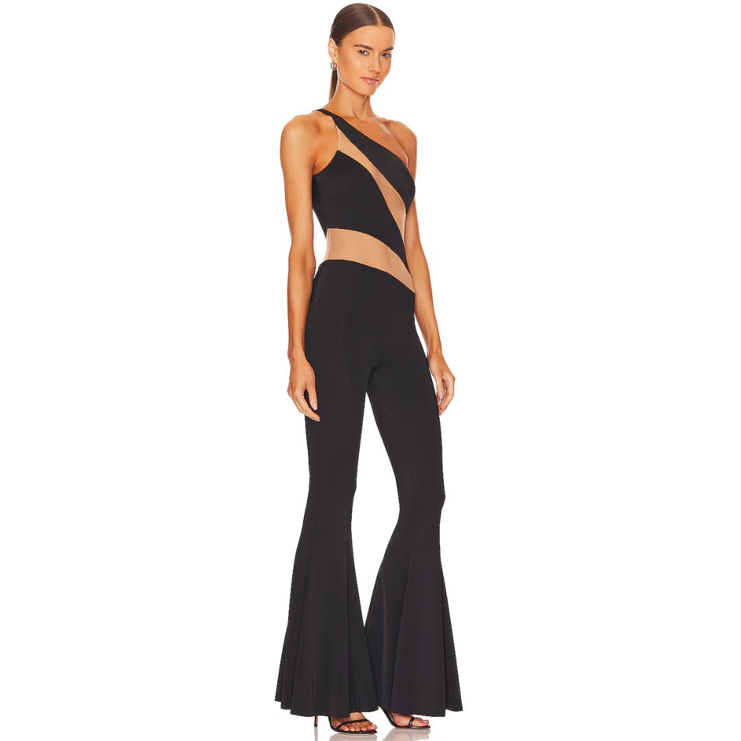 Norma Kamali Snake Mesh Fishtail Jumpsuit in Black & Nude Mesh NWT XS