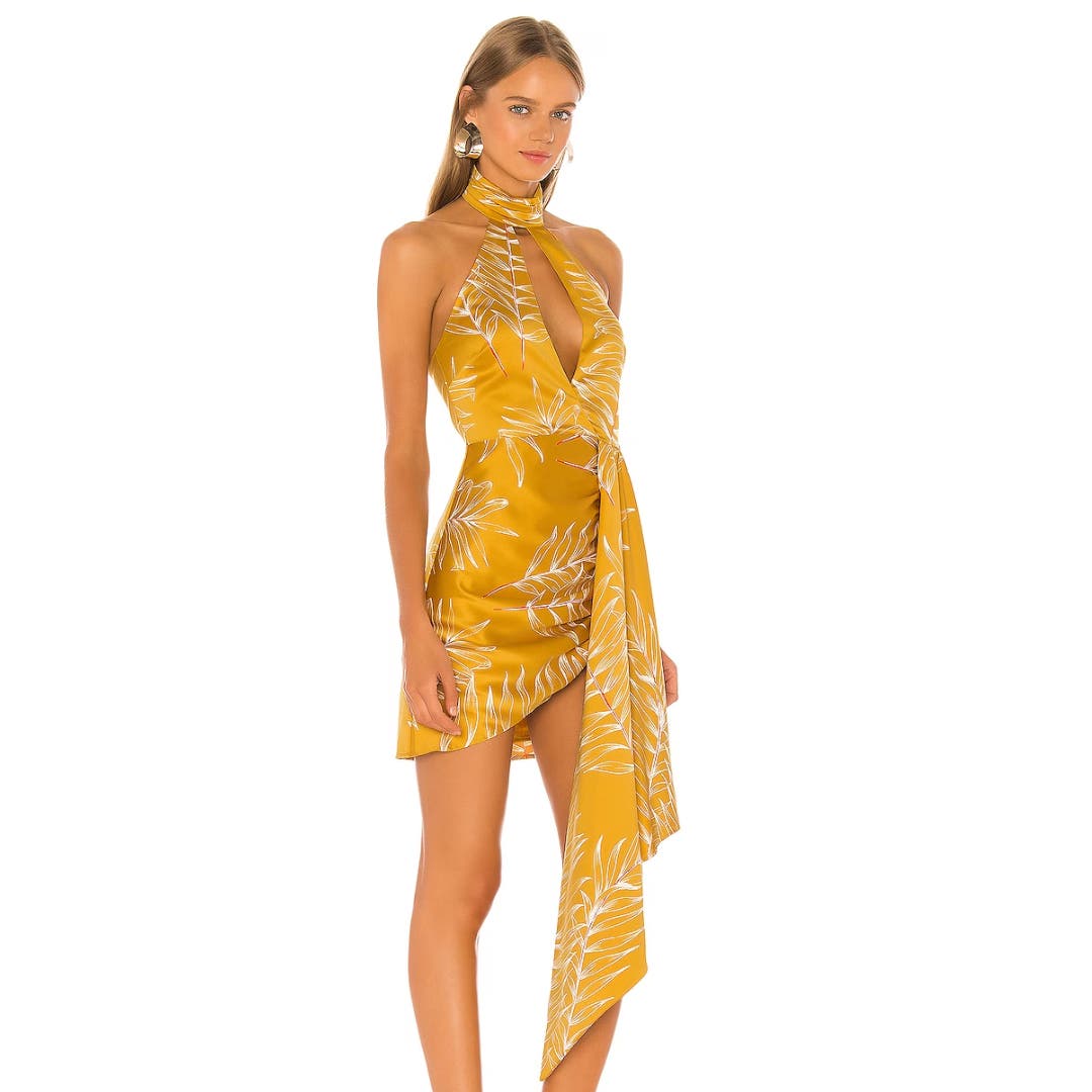 Camila Coelho Antonia Mini Dress in Gold Tropical NWT Size Large