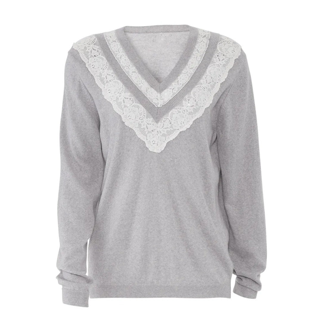 Rebecca Taylor Lace Combo Pullover in Gray and Ivory Size Large