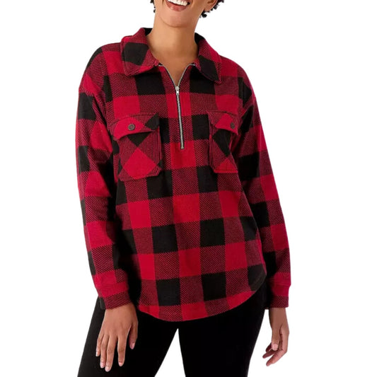 Cuddl Duds Flannel Fleece Half-Zip Pullover New Red Check Size Small