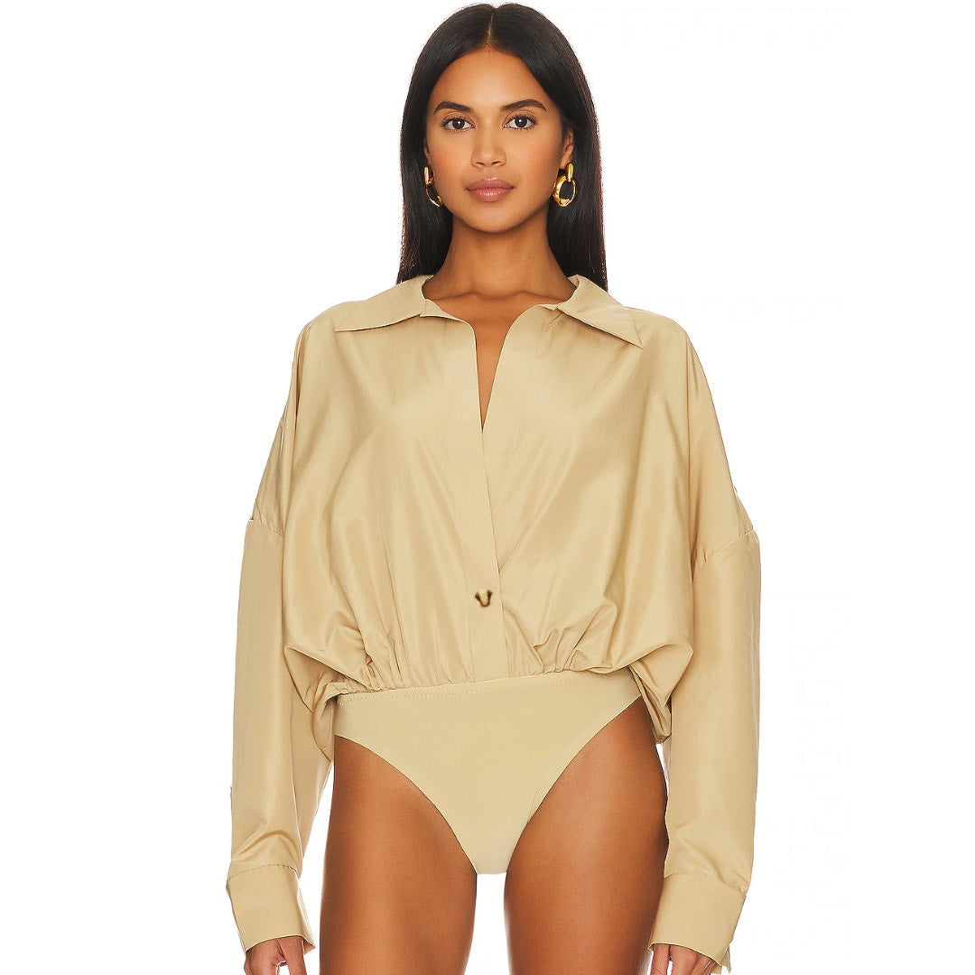 Norma Kamali Oversized Boyfriend Shirt Bodysuit in Sand