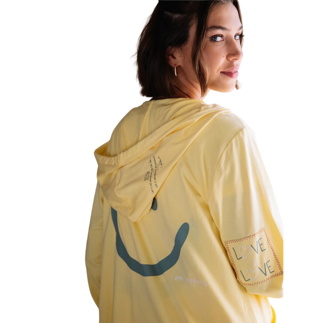 Peace Love World Love 2 Love Light Zip-Up Graphic Hoodie in Banana New 3X