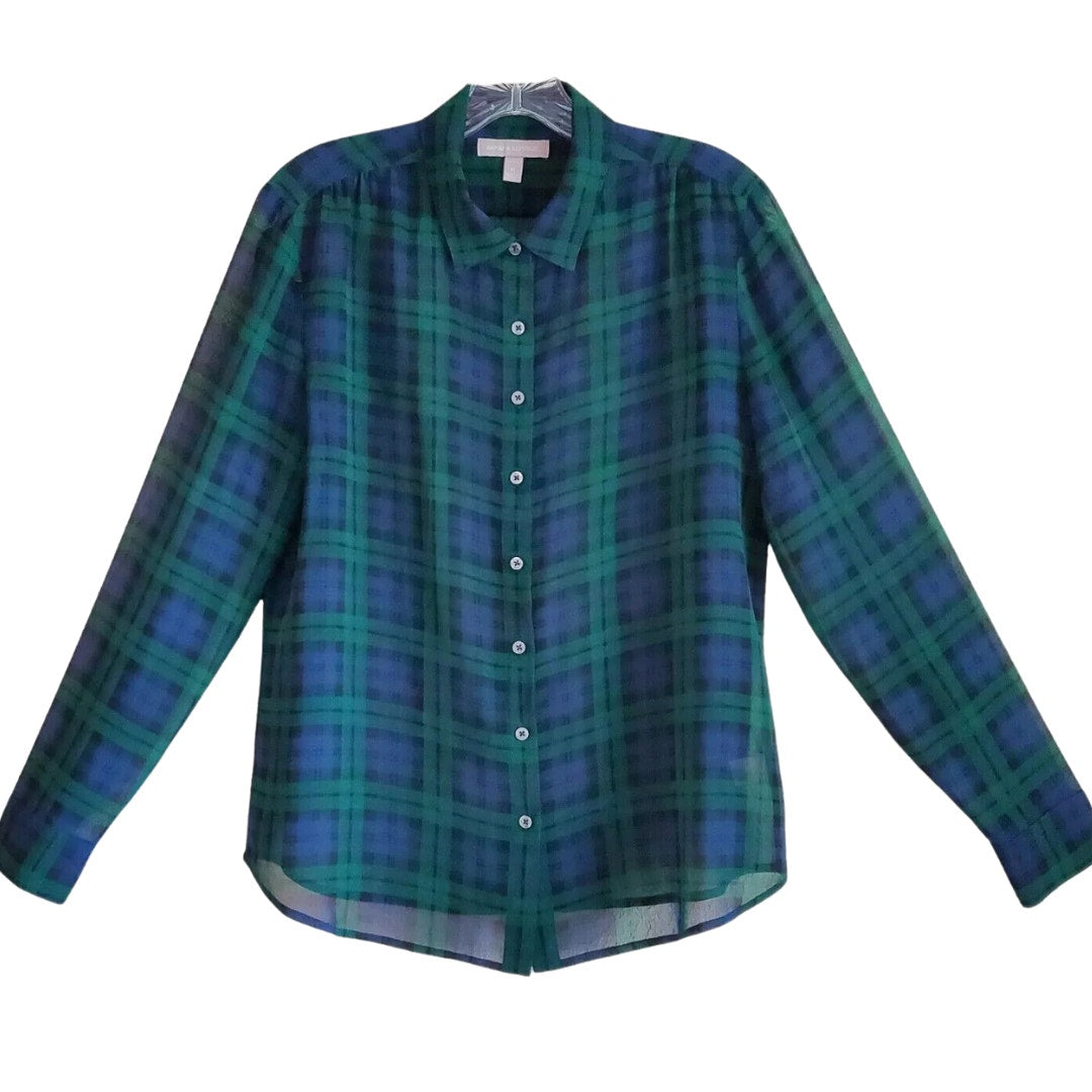 Banana Republic Sheer Plaid Green & Blue Button-Down Blouse Size XS