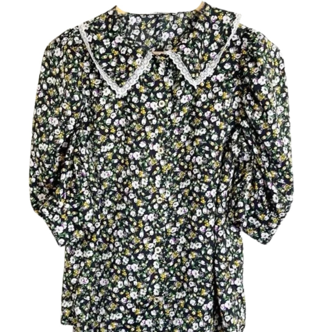 H by Halston puff sleeve Peter Pan floral blouse Black Floral NWT Size Small