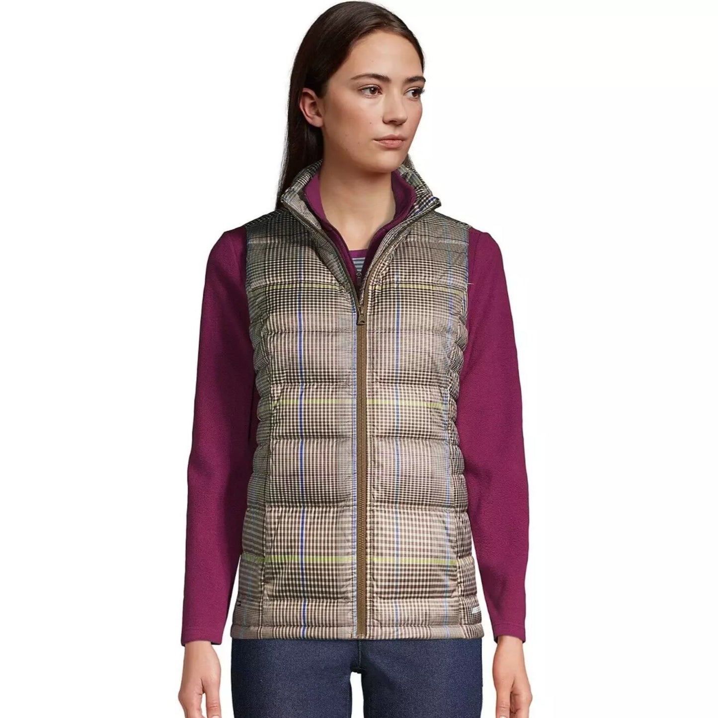 Lands' End Tall Down Puffer Vest - Alabaster Gln Plaid NWT Size Large Tall