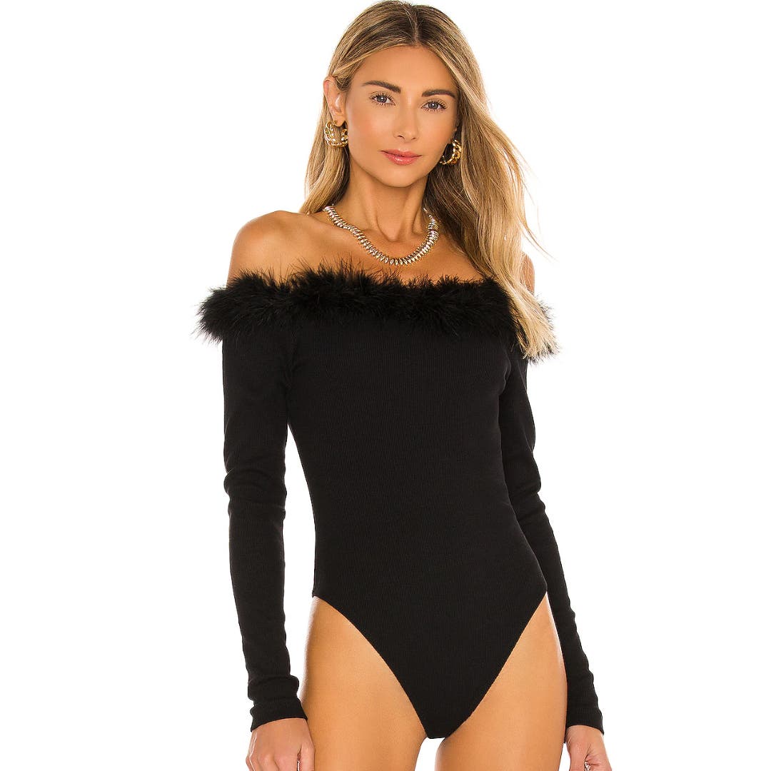 OW Collection Miranda Feather Bodysuit in Black NWT Size Small