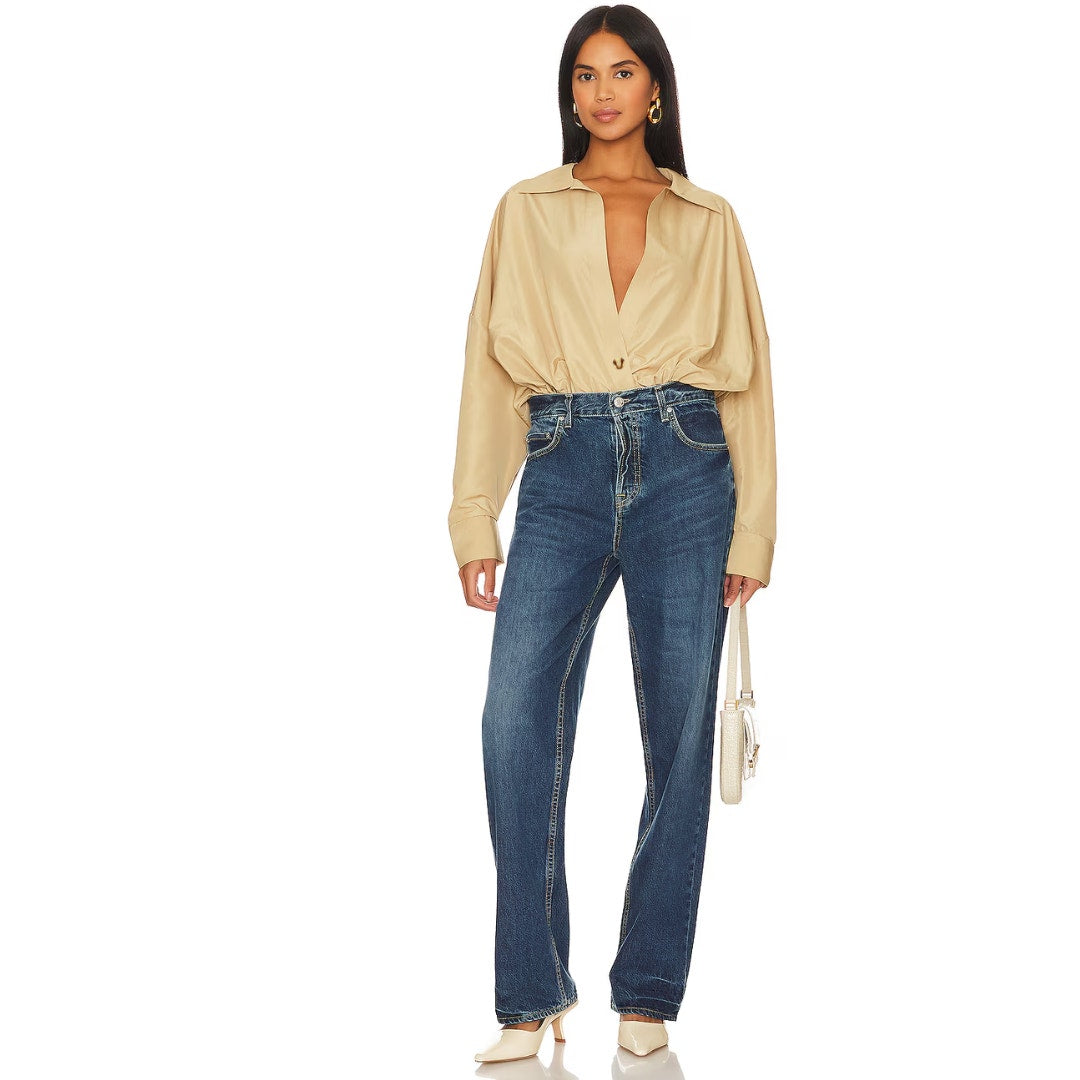 Norma Kamali Oversized Boyfriend Shirt Bodysuit in Sand