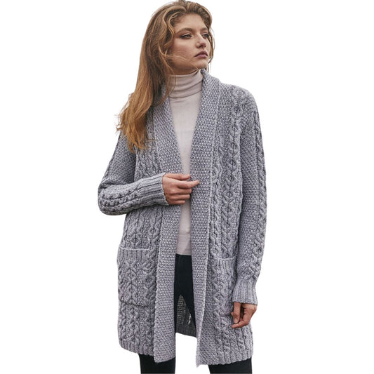 Aran Craft Merino Wool Open Front Long Sweater Cardigan Soft Grey NWT Size XXS