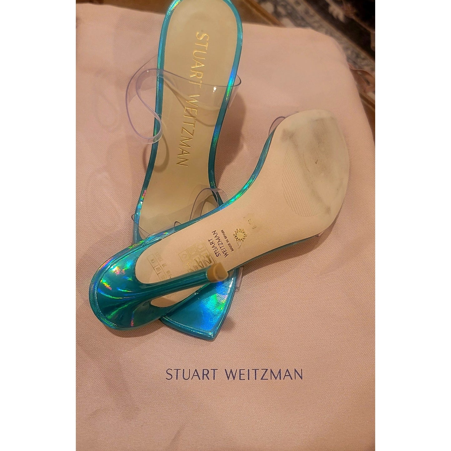 Stuart Weitzman Aleena 100 Sandal in Clear & Esmeralda Size 8.5