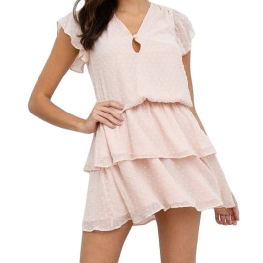 Yumi Kim Keyhole Neck Ruffled Mini Dress - Polka Dot - Pink/Swiss Dot Blush - M