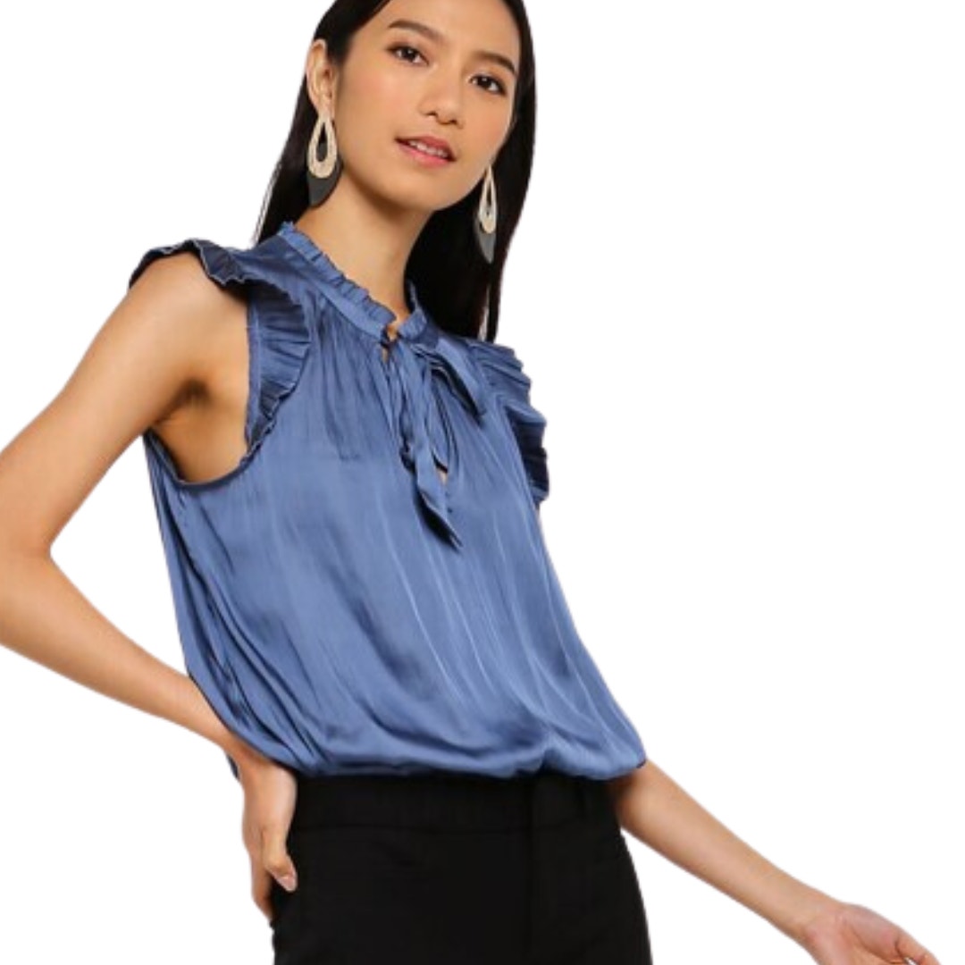 Banana Republic Tie Front Ruffle Trim Swing Top Blouse in Blue Size Medium