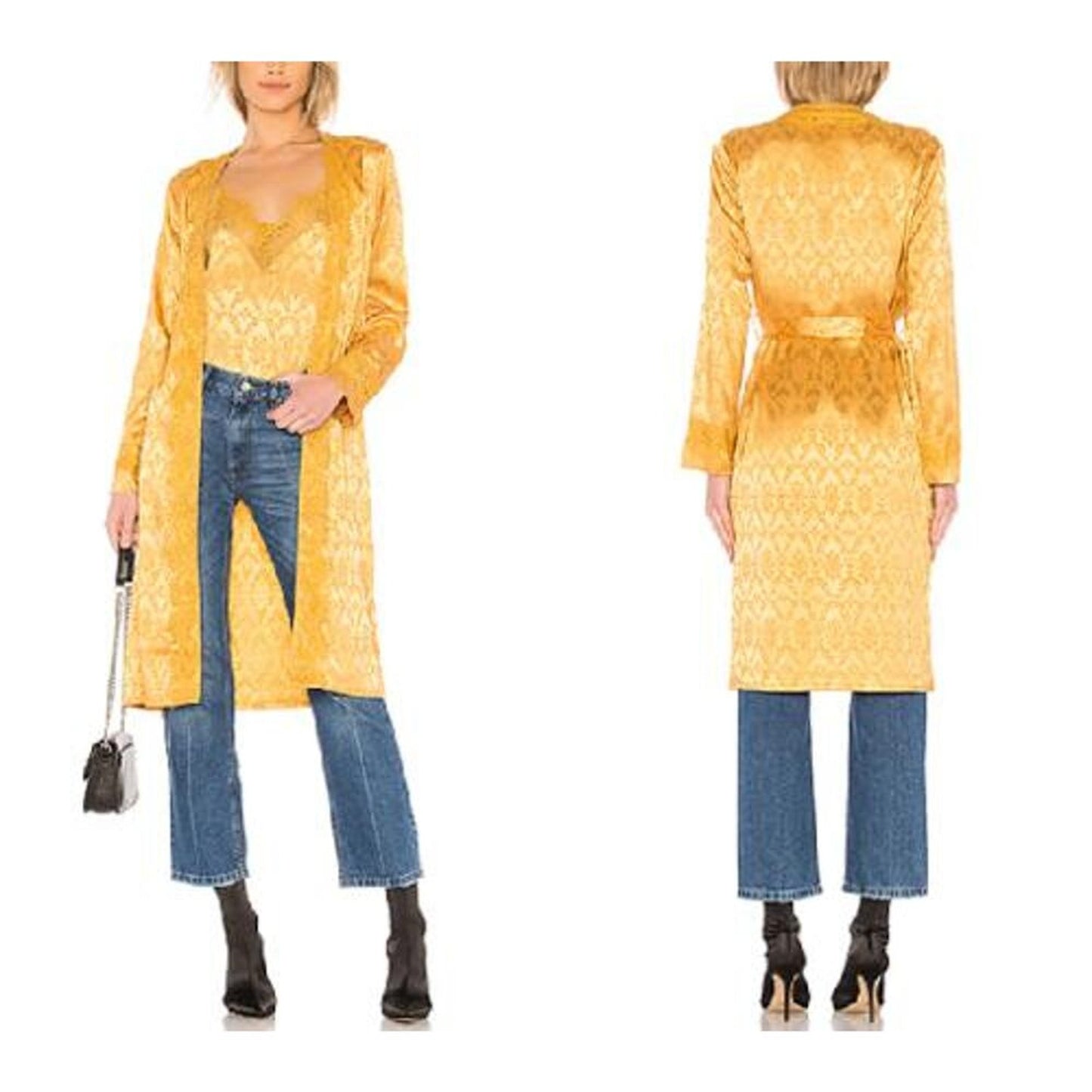 Majorelle Long Sleeve Printed Lace-Trim Self-Belt Robe Yellow - M