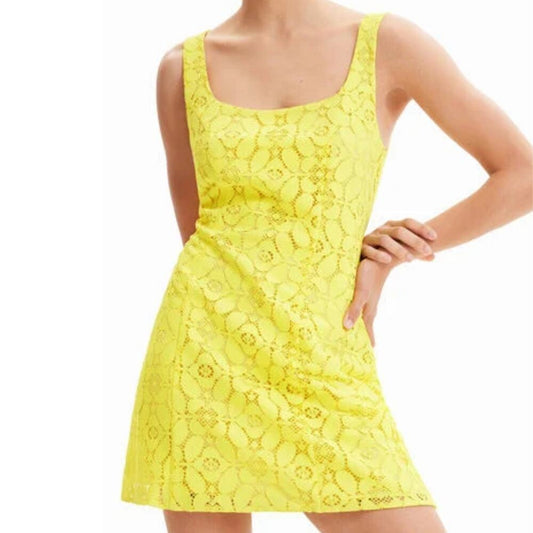 Desigual Chic Yellow Square Neck Sleeveless Dress/XL/Yellow