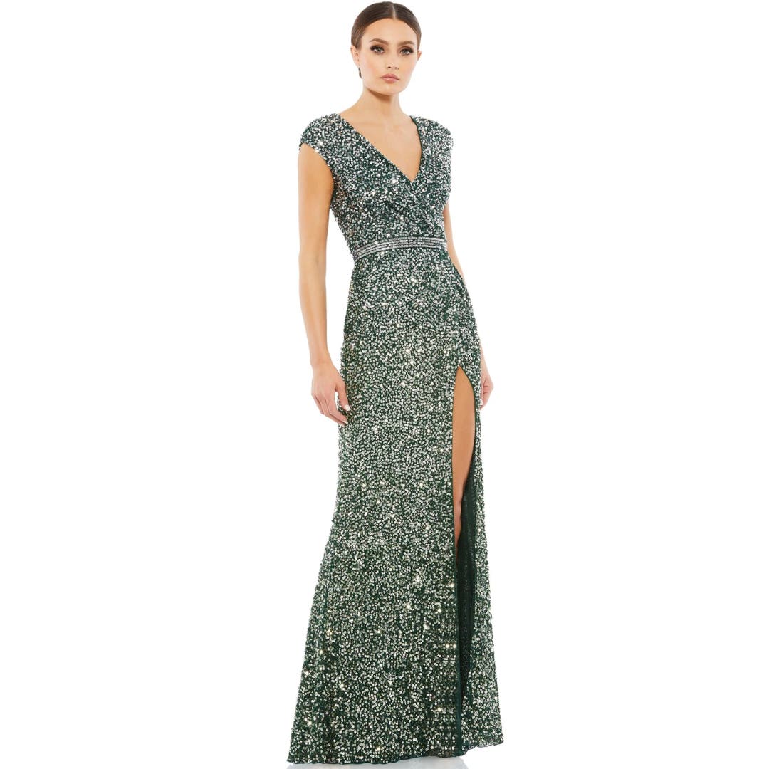 Mac Duggal Cap Sleeve High Slit Sequin Gown Forest Green NWT Size 16