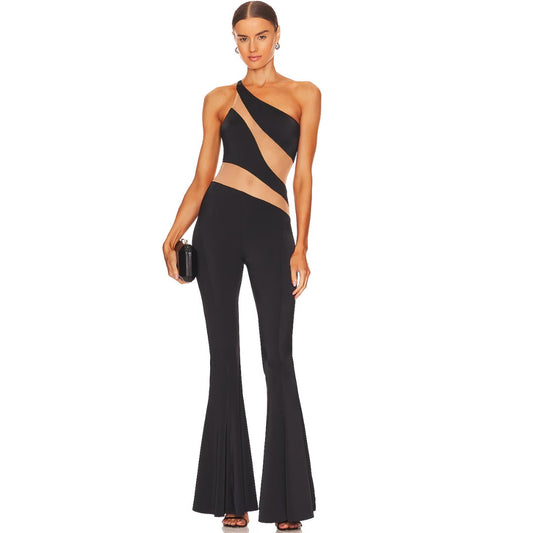 Norma Kamali Snake Mesh Fishtail Jumpsuit in Black & Nude Mesh NWT XS