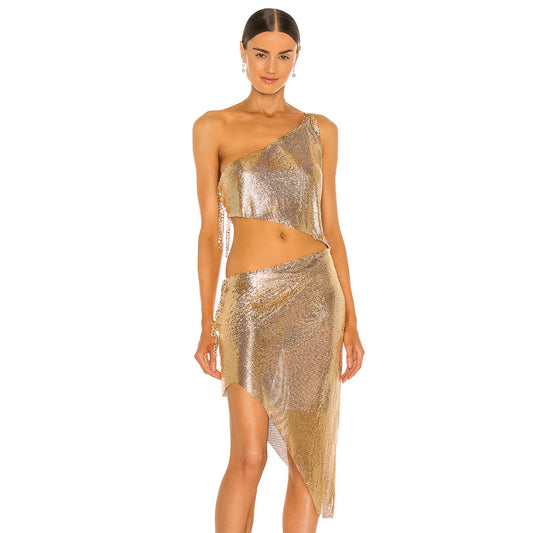 Bronx and Banco Xenia One Shoulder Dress in Metallic Gold Size Medium